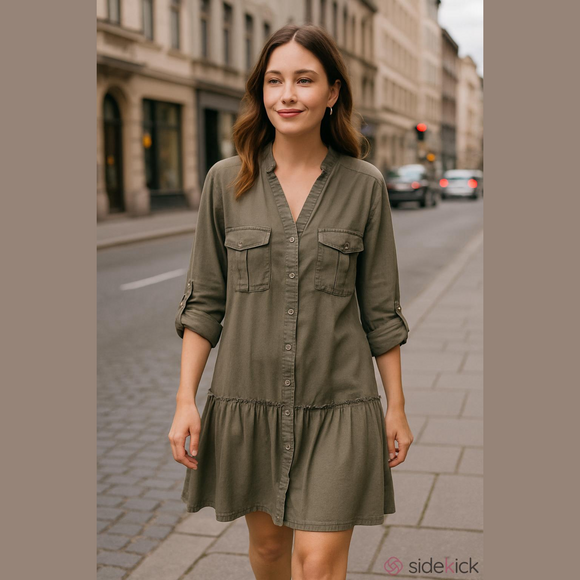 Dresses & Skirts - Zara Mini Dress With V Neck Mandarin Collar, Khaki  ,Size Medium